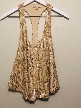New Alythea Gold Sequin Racer Back Tank TOP with Bubble Hem